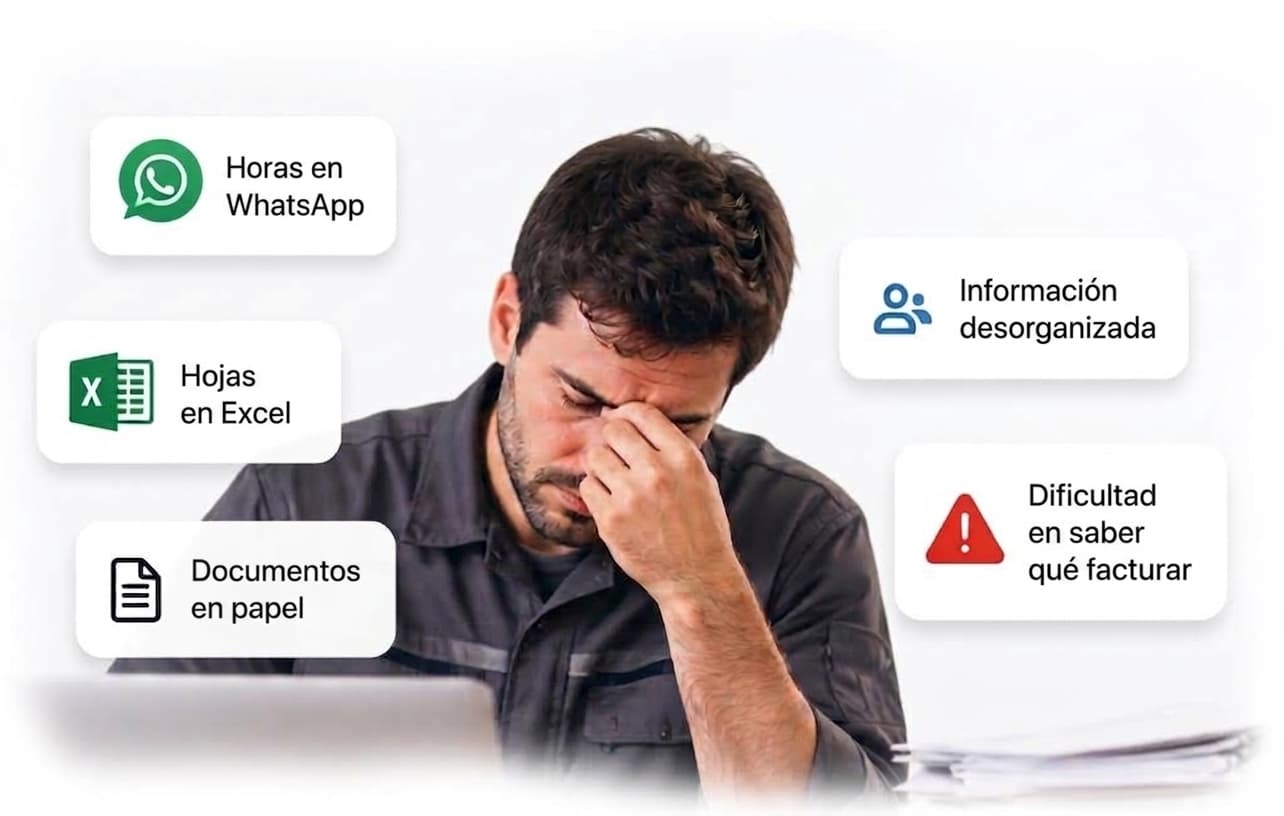 Profesional sobrecargado gestionando horas en WhatsApp, Excel y papel — el problema que Otimiprod resuelve