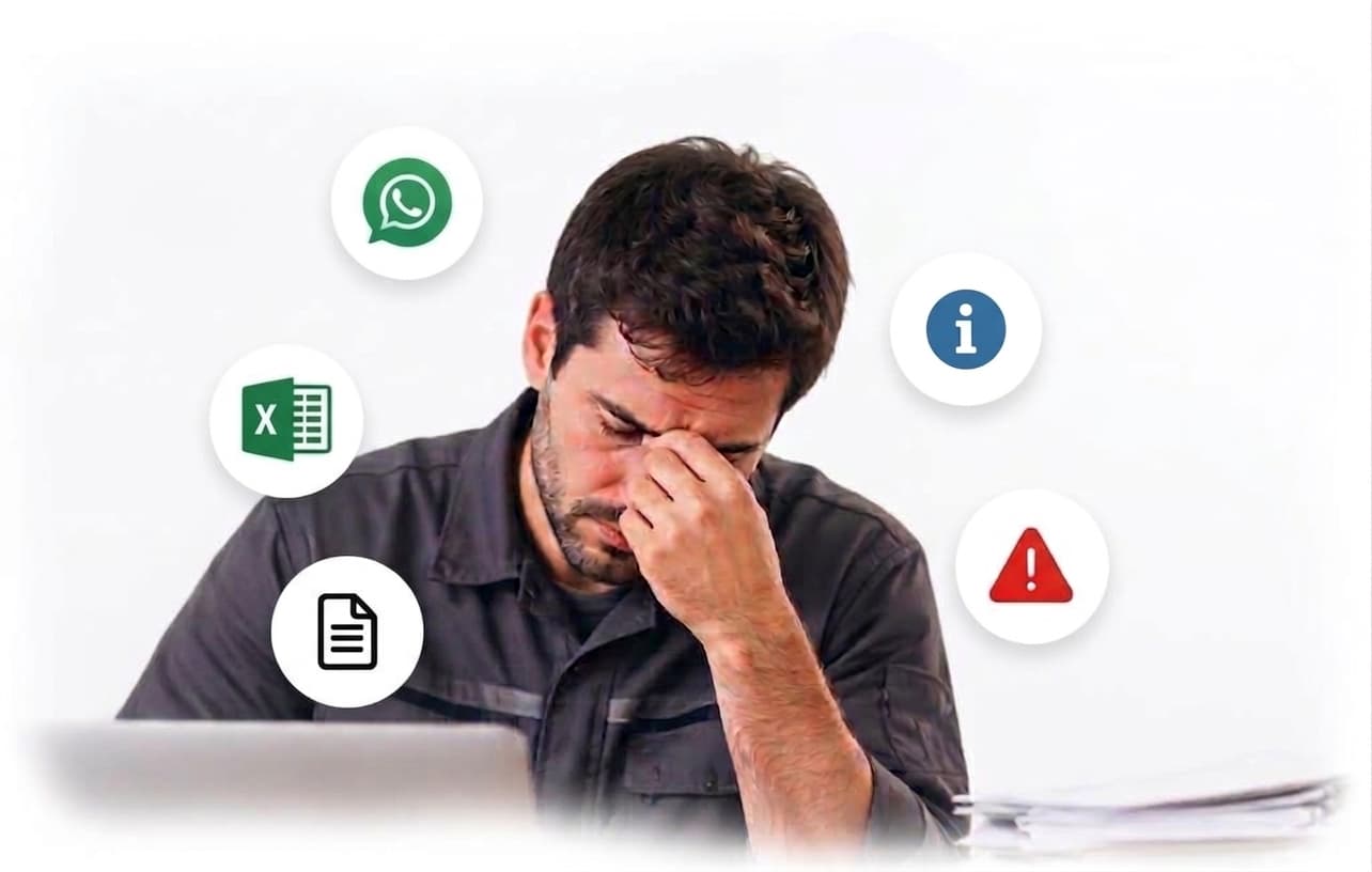 Profissional sobrecarregado a gerir horas no WhatsApp, Excel e papéis — o problema que o Otimiprod resolve